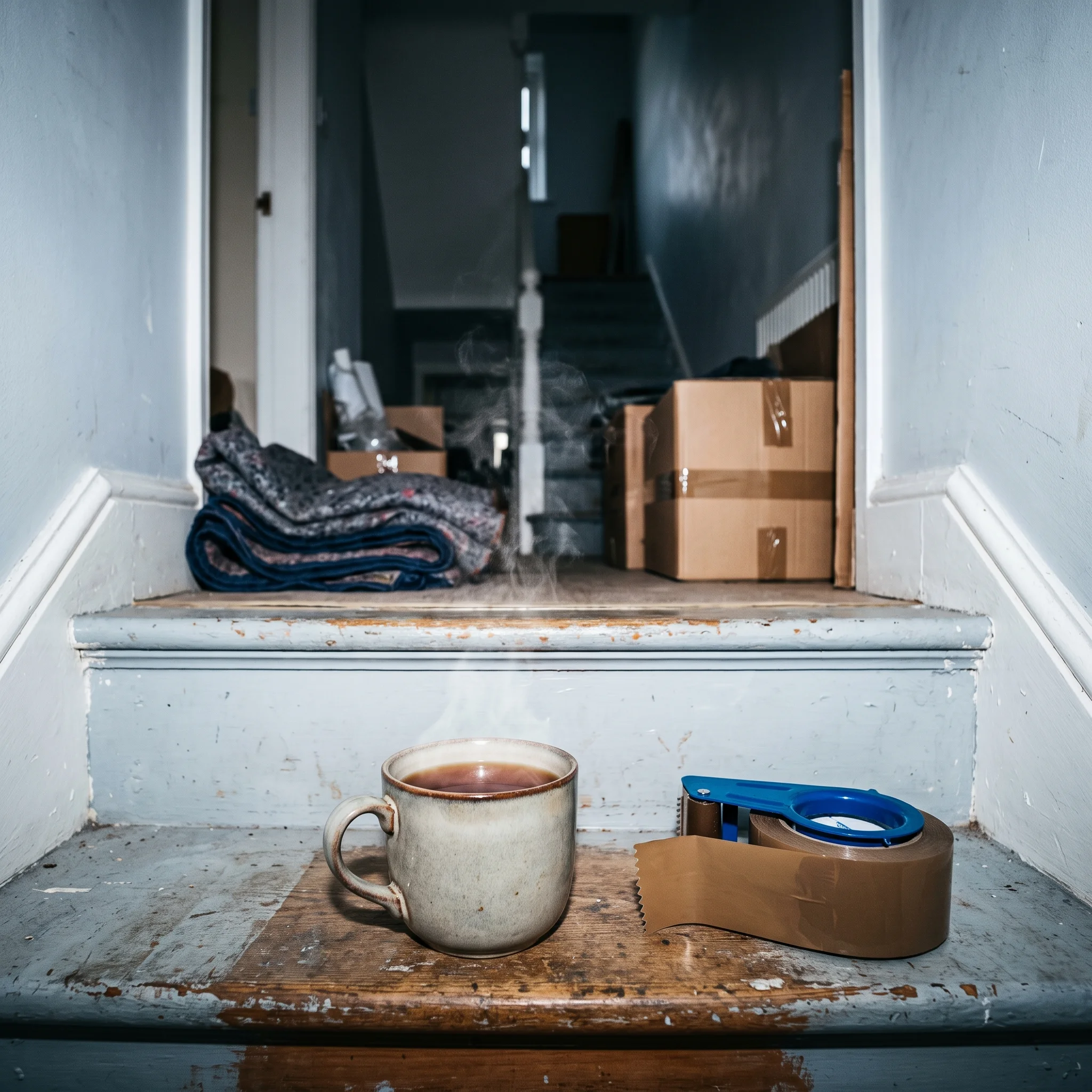 A mug of tea and a roll of packing tape on the bottom stair of a half-emptied house