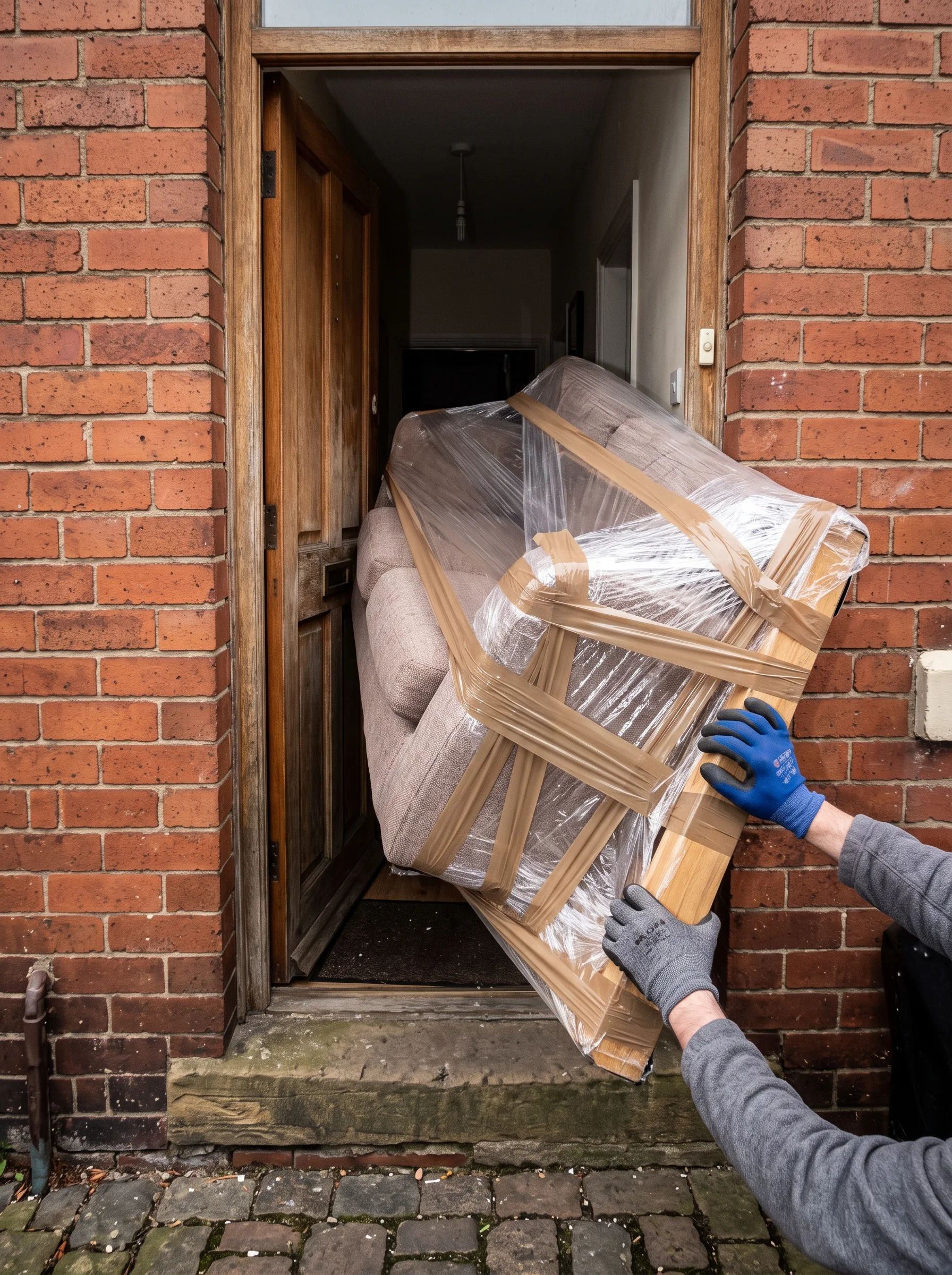 A taped sofa being pivoted through the front door of a brick terrace