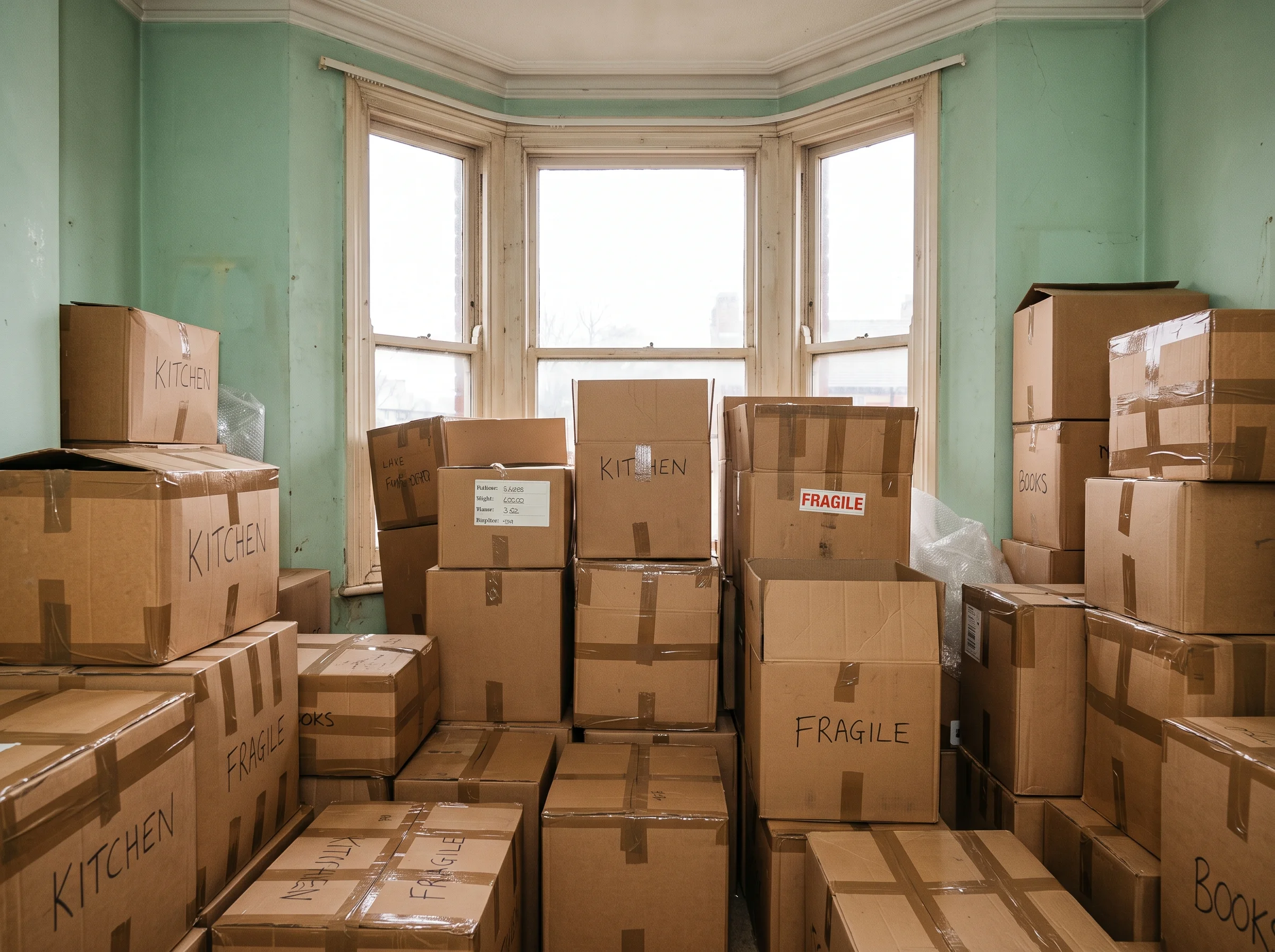 Taped moving boxes stacked in the bay window of a terraced front room in Headingley