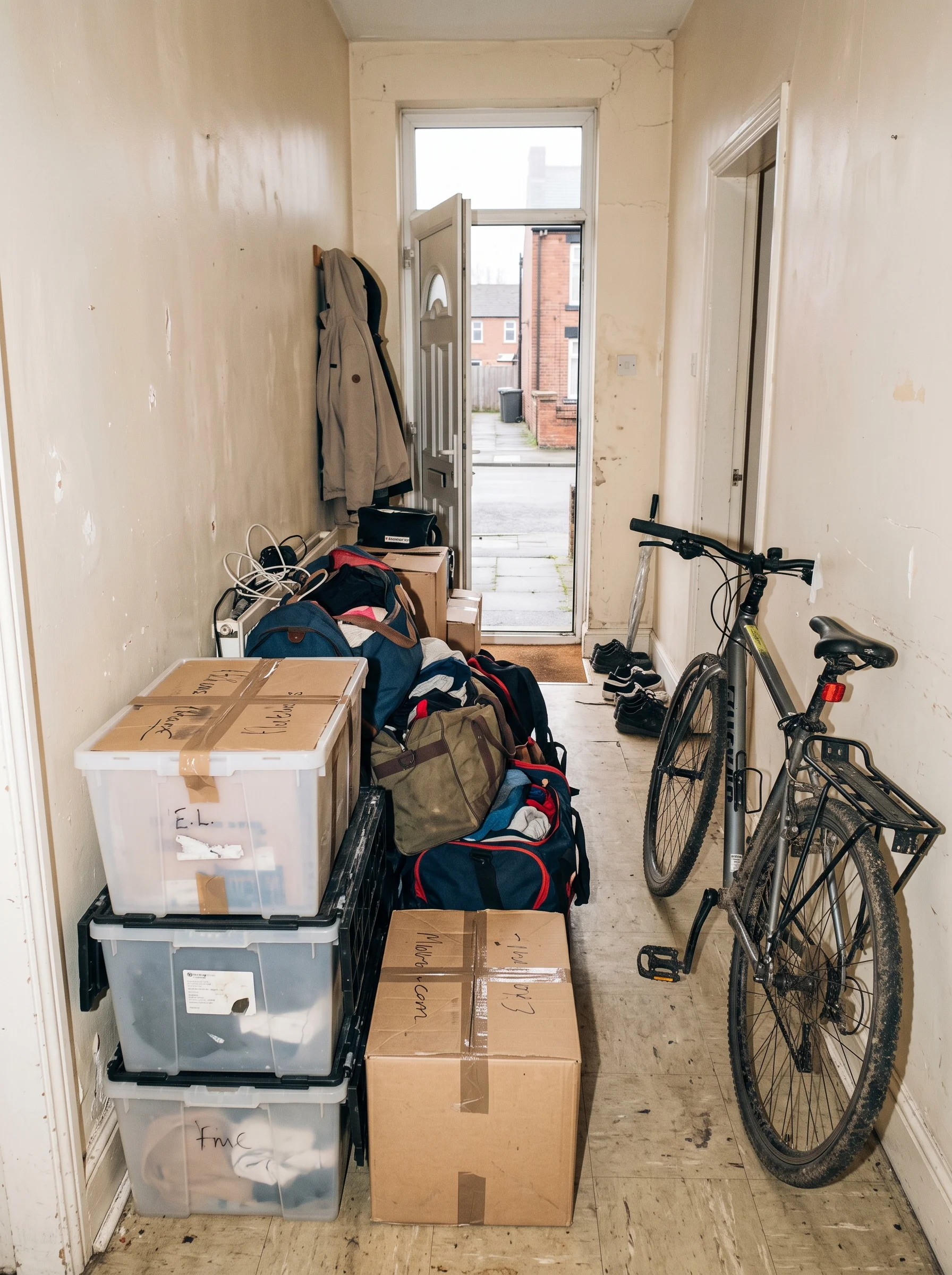 Crates, holdalls and a bicycle stacked in a student house-share hallway, ready to load