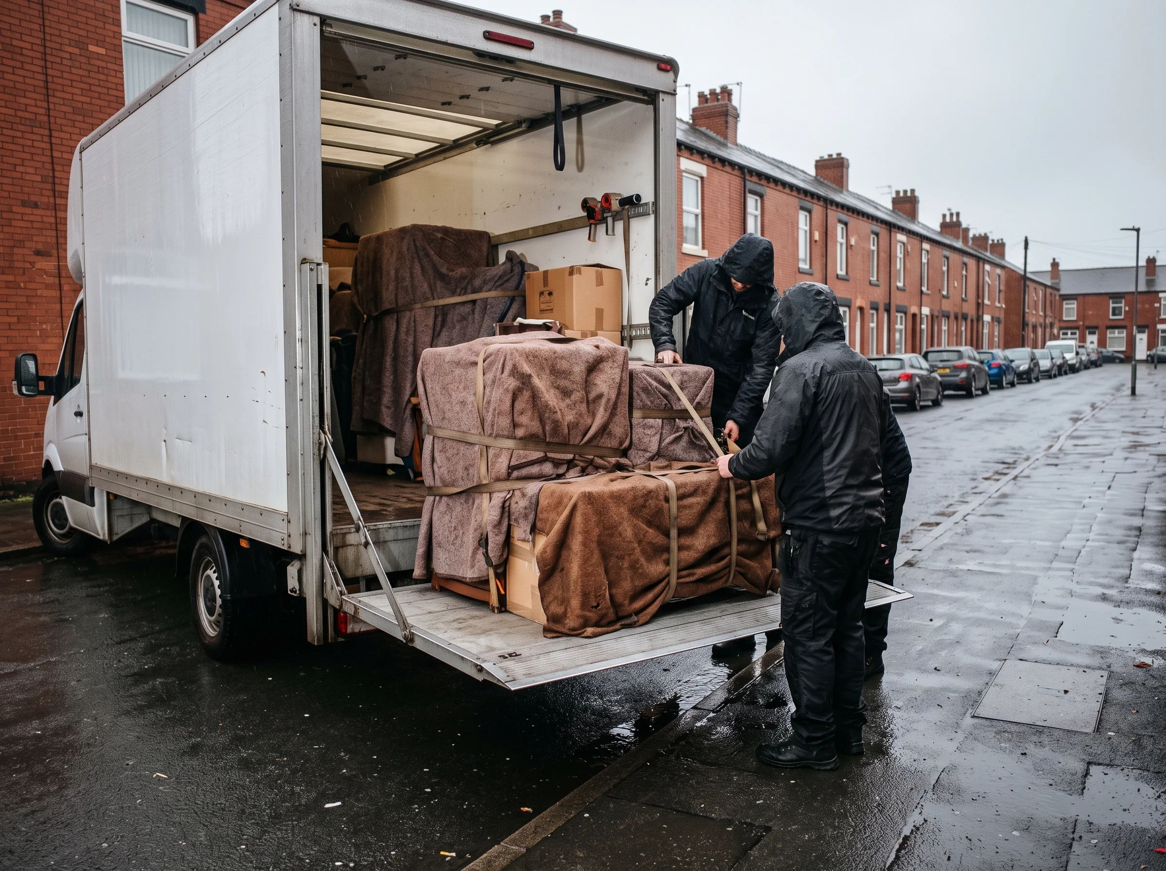 A removal van's tail-lift half lowered on a wet terraced street in Armley