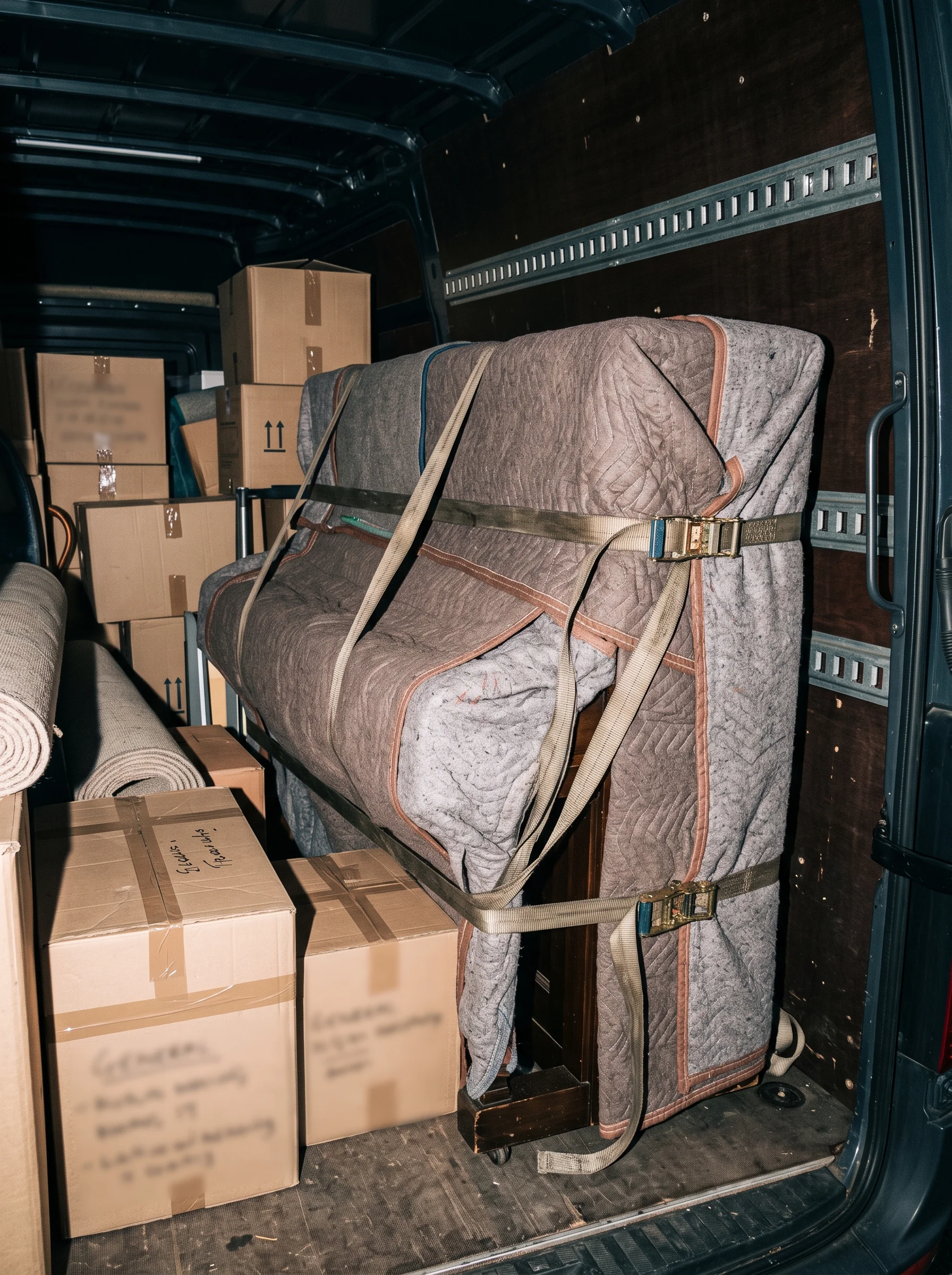 An upright piano strapped and blanketed inside a packed removal van