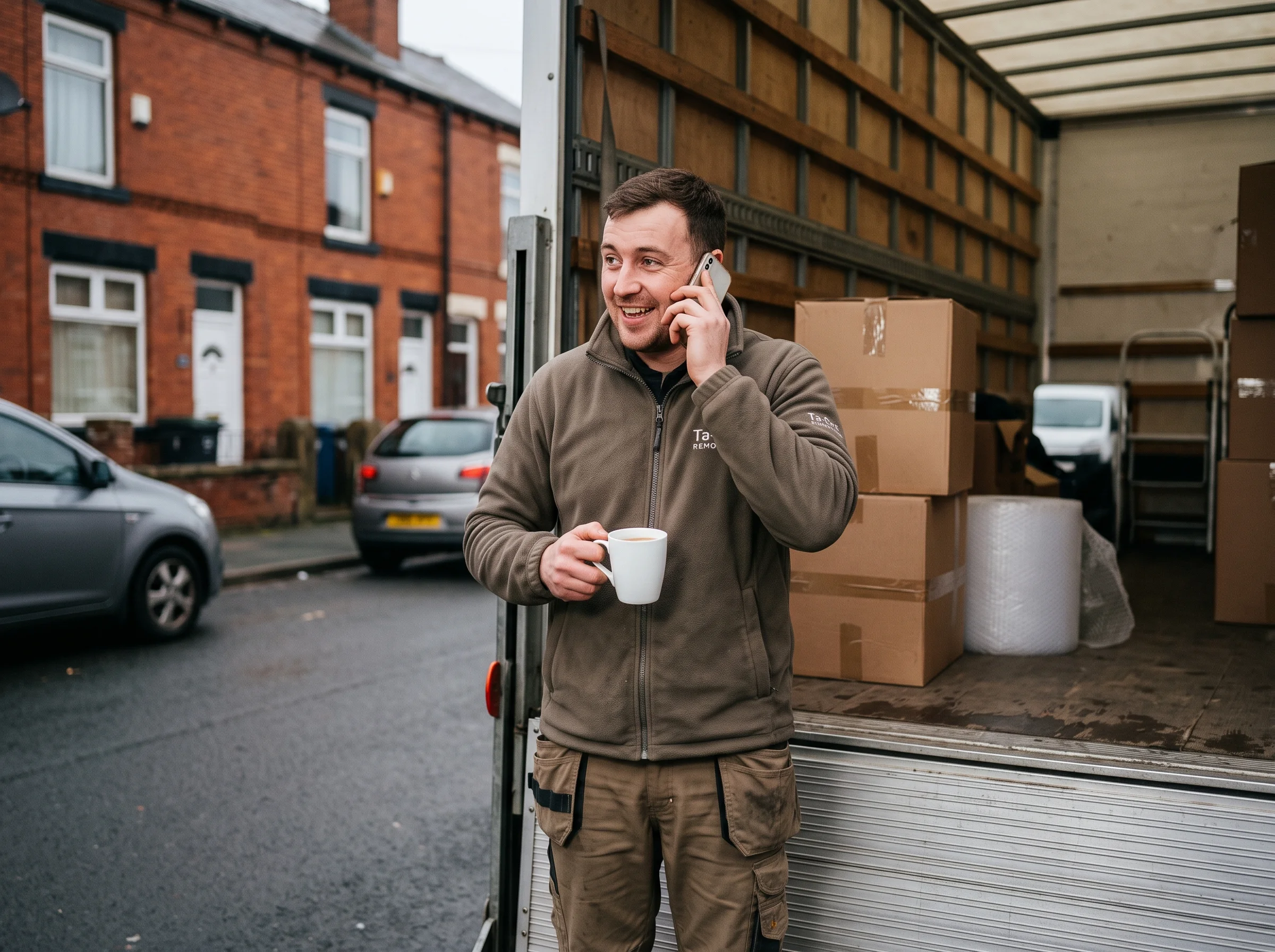 A mover in a brown fleece jacket on the phone by the open van door, holding a mug of tea.