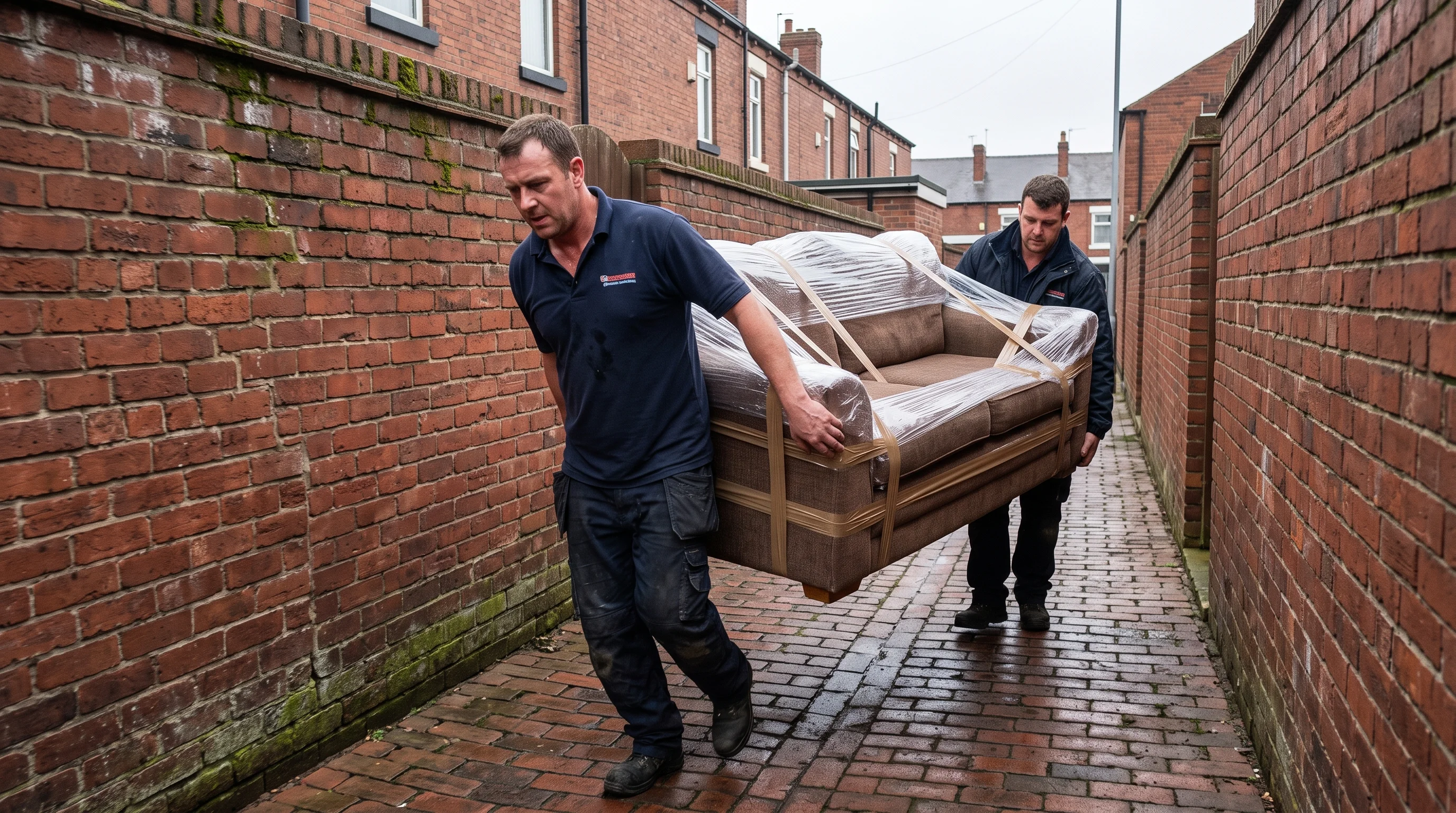 Two movers carrying a taped sofa down a red-brick snicket between terraced houses