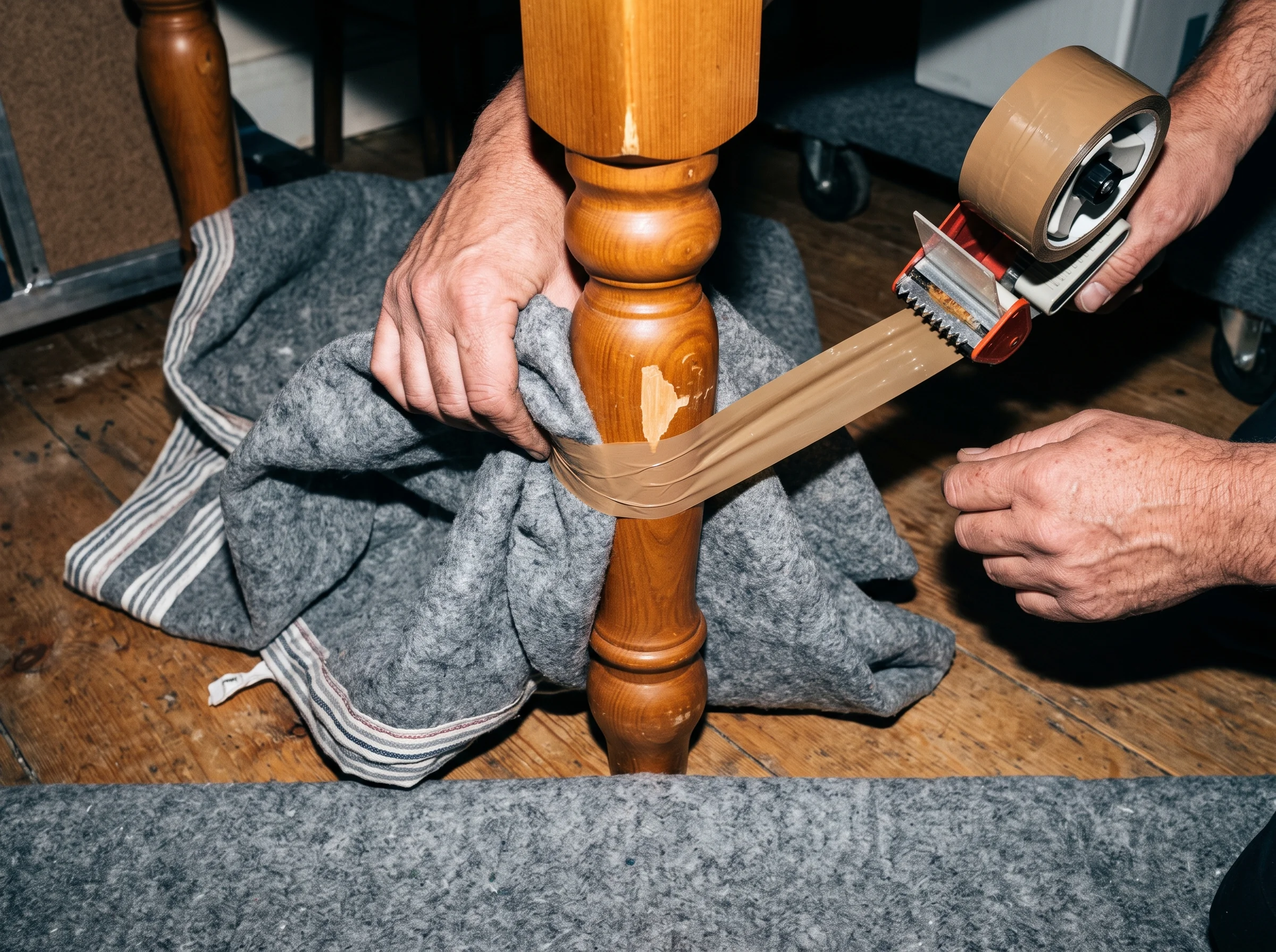 A mover's hands wrapping a chipped wooden table leg in a blanket and tape