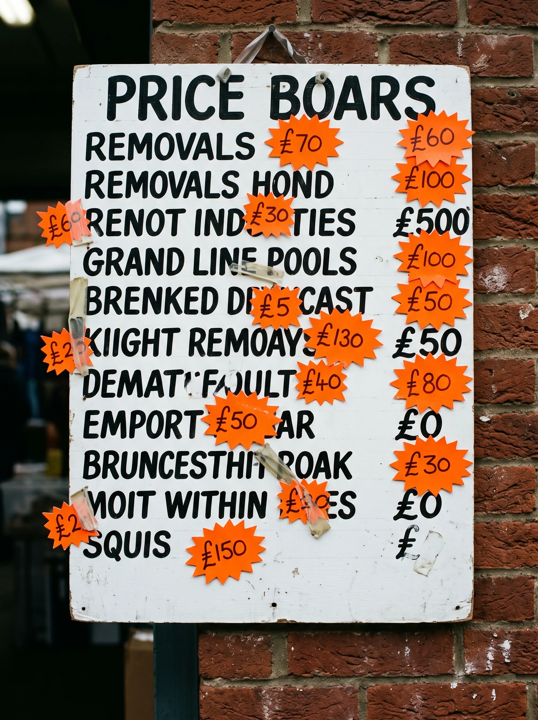 A hand-lettered price board with orange starburst price tickets, leant against a brick wall