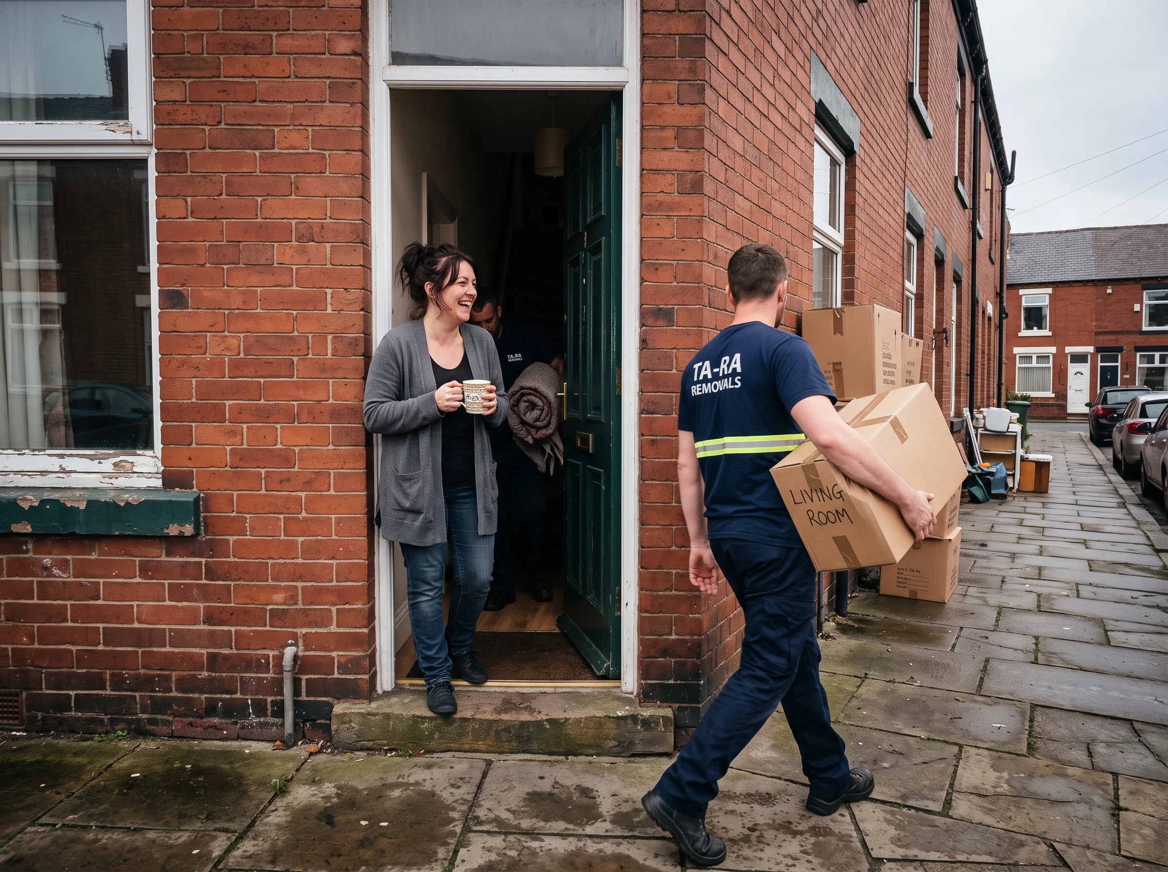 A customer holding a mug of tea in her terrace doorway while a mover carries the last box to the van