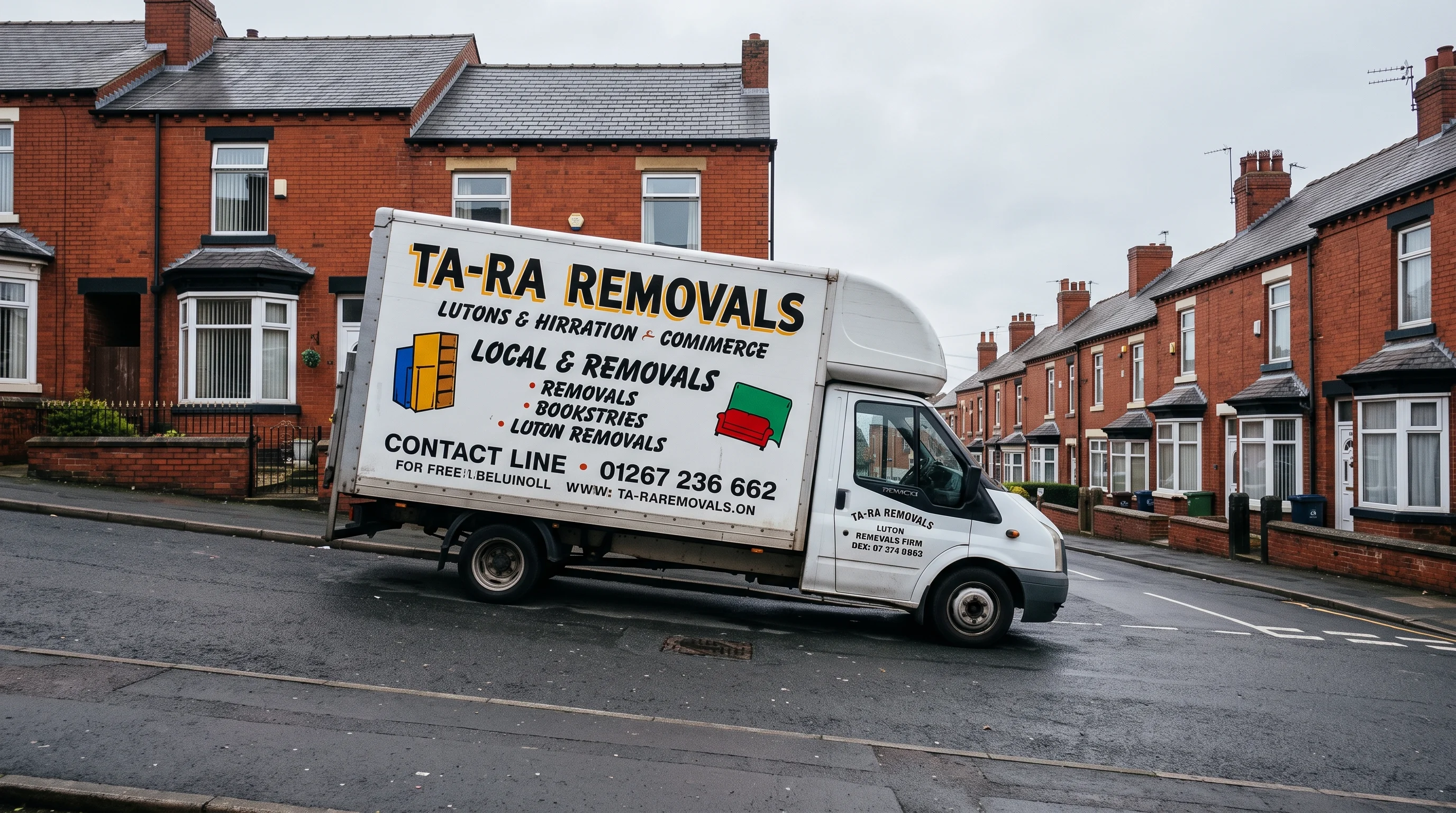A signwritten removal van parked on a steep terraced street in Armley under an overcast sky