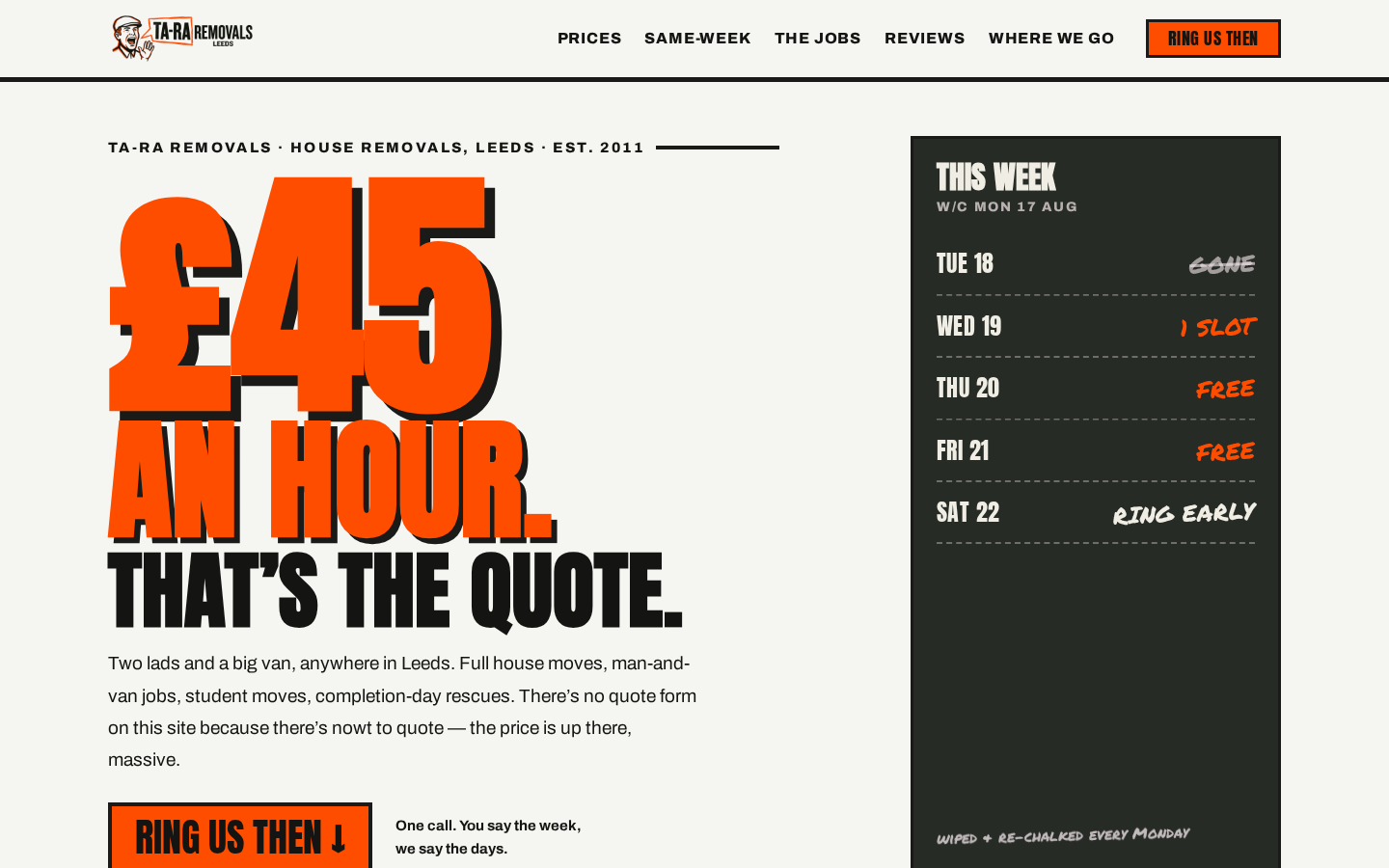 Ta-Ra Removals home page on a desktop screen