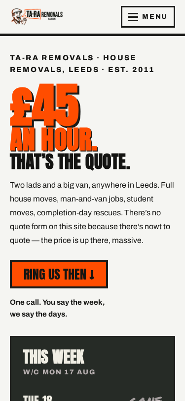 Ta-Ra Removals home page on a phone